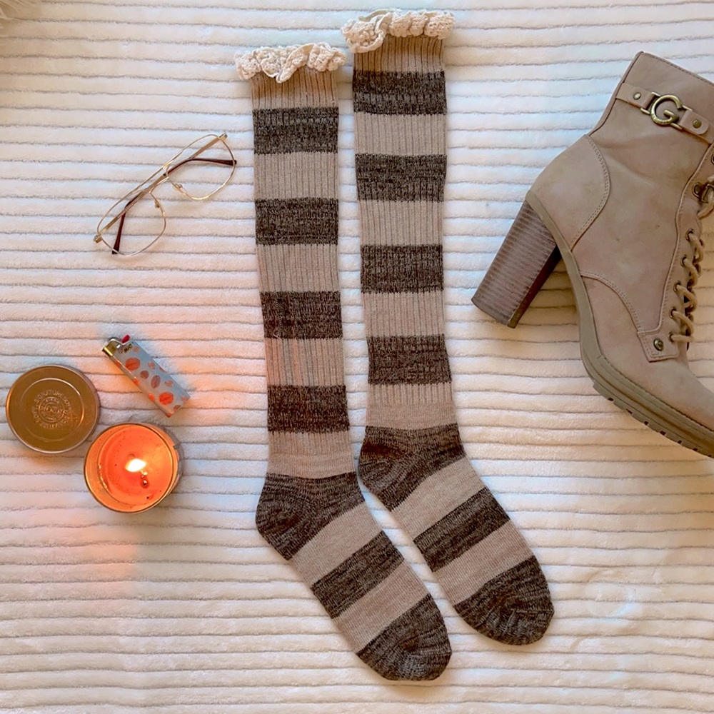 Hot Topic knit, striped socks with lace trim - one size.